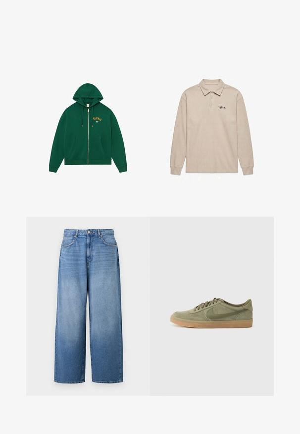 Groene hoodie met rits en een kangoeroezak, capuchon met trekkoord en gouden "BLKVIS NY"-letters op de borst. Zachte stof met geribde manchetten.; Beige geribbelde lange mouwen polo met kraag, drie knopen en een "Pegador" logo geborduurd op de linkerborst.; Lichte blauwe denim jeans met wijde pijpen en een licht vervaagde afwerking. Voorzien van een klassiek vijf zakken ontwerp en metalen knoopsluiting.; Groene suède sneaker met een gumrubberen zool, ronde neus en vetersluiting. Voorzien van het kenmerkende logo van Nike in een donkerder groen.