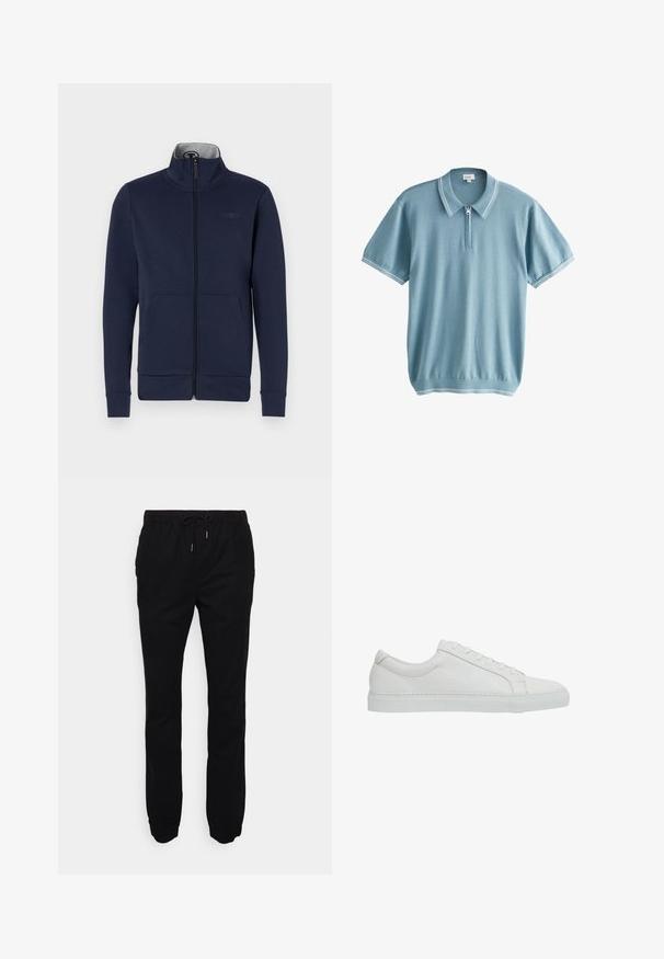 Marineblå zip-jakke i blødt stof med ståkrave, to frontlommer og ribbet mansjetter og nederkant. Diskret logo-detalje på brystet.; Lyseblå kortærmet polo med hvidstribet krave og ærmekanter, foran lynlås og ribkant nederst.; Sorte joggerbukser lavet af blødt stof, med elastisk talje med snor, sidelommer og tætsiddende benafslutninger.; Reiss REGULAR FIT - LUCA TUMBLED - Sneakers - white