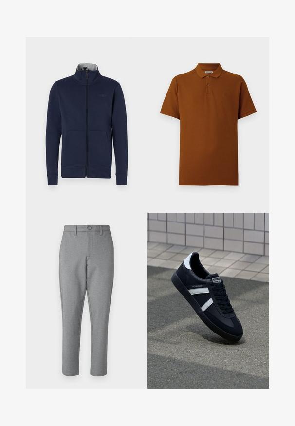 Marineblå zip-jakke i blødt stof med ståkrave, to frontlommer og ribbet mansjetter og nederkant. Diskret logo-detalje på brystet.; Brun ribbet polo shirt med korte ærmer, tre-knap lukning og lille logo på brystet. Blødt bomuldsblandingsstof.; Grå skræddersyede bukser med en subtil tekstur, lige pasform og frontlås med knap. Har bæltestropper og sidelommer.; Sort lædersneaker med hvide striber, tekstureret gummisål og snørrebånd foran. Har et brandet mærke på tungen.