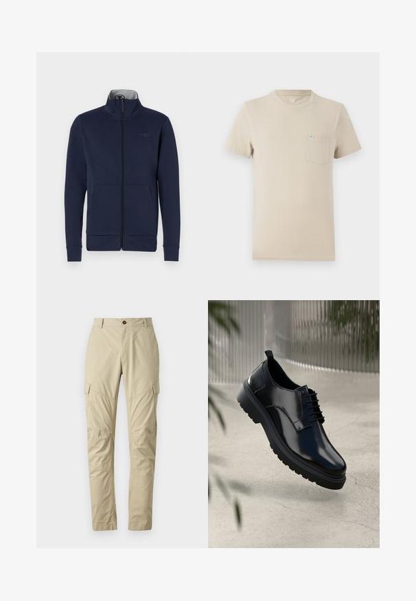 Marineblå zip-jakke i blødt stof med ståkrave, to frontlommer og ribbet mansjetter og nederkant. Diskret logo-detalje på brystet.; Beige kortærmet t-shirt lavet af bomuld, med rund hals og en venstre brystlomme med et lille logo-mærke. Glat tekstur, afslappet design.; Beige cargo bukser lavet af letvægtsstof, med flere lommer, en knaplukning og et tapered ben design. Glat tekstur.; Sorte lædersko med en blank overflade, rund tå, snøredesign, kontrastsyninger og en tyk gummisål med mønster.