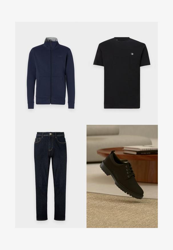 Marineblå zip-jakke i blødt stof med ståkrave, to frontlommer og ribbet mansjetter og nederkant. Diskret logo-detalje på brystet.; Sort bomulds- T-shirt med korte ærmer, rund halsudskæring og et lille hvidt logo på venstre brystområde. Glat tekstur, enkelt design.; TOM TAILOR TTJOSH REGULAR SLIM FIT - Jeans Straight Leg - rinsed blue denim; sort læder snørestøvle med chunky sål svæver over en beige tæppe i en minimalistisk stueindretning