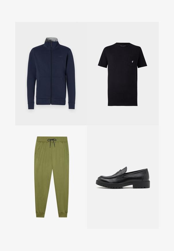 Marineblå zip-jakke i blødt stof med ståkrave, to frontlommer og ribbet mansjetter og nederkant. Diskret logo-detalje på brystet.; Sort bomulds t-shirt med kortærmer, rund hals og en forlommer med et lille hvidt fuglelogo. Blød tekstur og enkelt design.; Olivegrønne sweatpants med elastisk talje, sort snor, sidelommer og ribbede cuffs ved anklerne. Glat tekstur.; Sorte læder loafers med rund tå, slip-on design og tyk gummisål med tekstureret greb. Forhøjet hæl og subtile syninger.