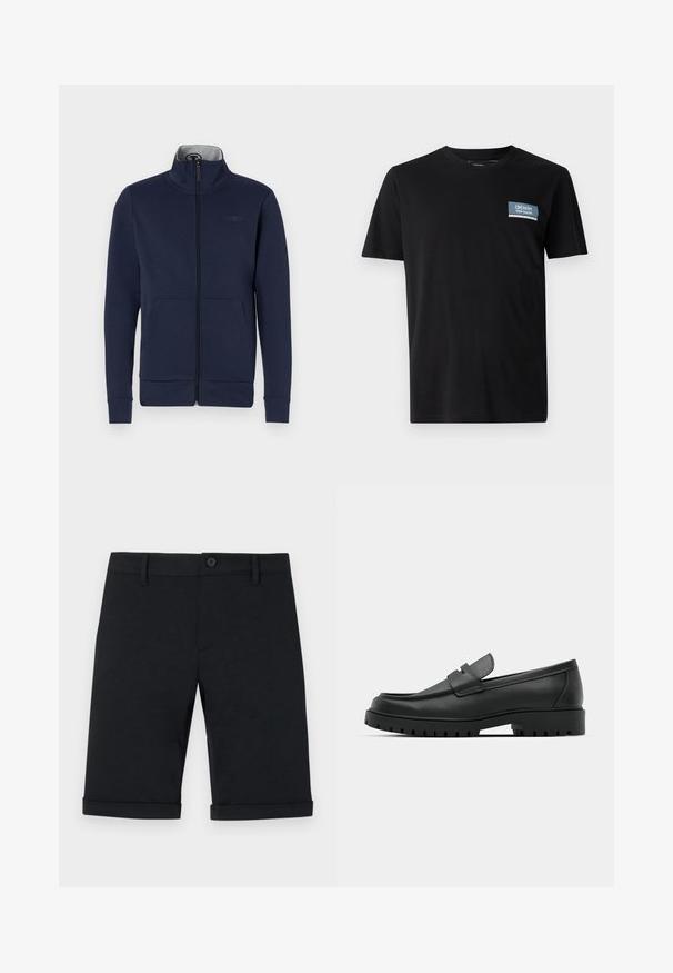 Marineblå zip-jakke i blødt stof med ståkrave, to frontlommer og ribbet mansjetter og nederkant. Diskret logo-detalje på brystet.; Sort kortærmet t-shirt lavet af blødt stof, med et blåt rektangulært mærke med teksten "DENIM TOM TAILOR" på venstre bryst.; Sorte bomuldsshorts med knaplukning, skræddersyet design og opbukket kant. Har forlommer og en glat tekstur.; Sorte læder loafers med rund tå, der har et syet design, lav platformssål og en struktureret, skridsikker gummisål.
