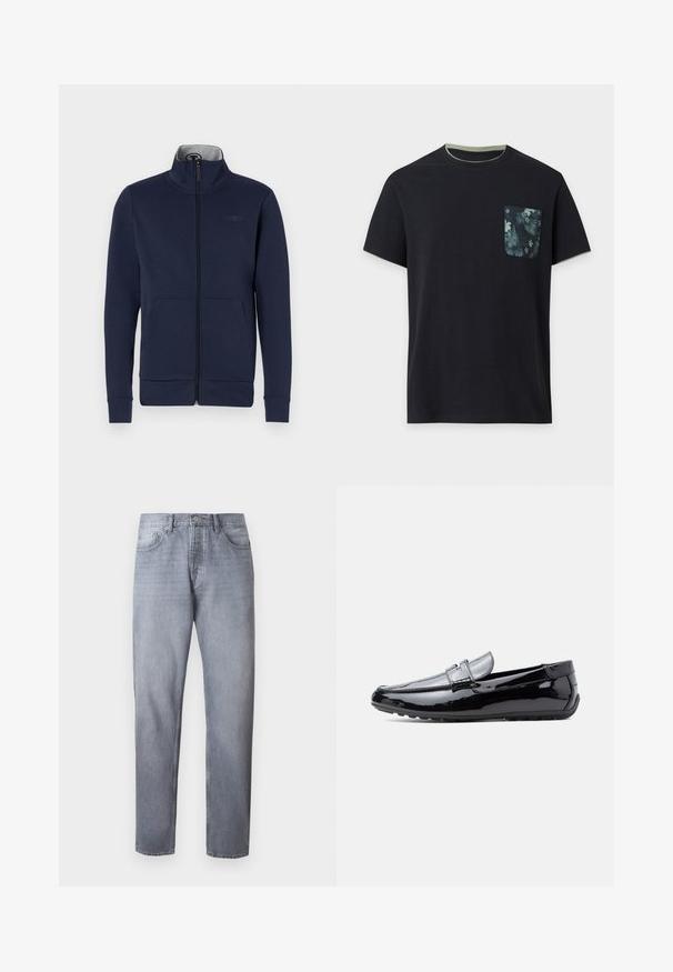 Marineblå zip-jakke i blødt stof med ståkrave, to frontlommer og ribbet mansjetter og nederkant. Diskret logo-detalje på brystet.; Sort t-shirt med korte ærmer med grøn kant på krave og ærmer og en mørk floral mønstret brystlomme på venstre side.; Lyseblå denimjeans med lige ben, fem lommer og knaplukning. Stoffet har en glat tekstur med en falmet finish.; Sort laklæder loafer med lav hæl, slip-on design og dekorativ rem tværs over toppen, vist i sideprofil på hvid baggrund.
