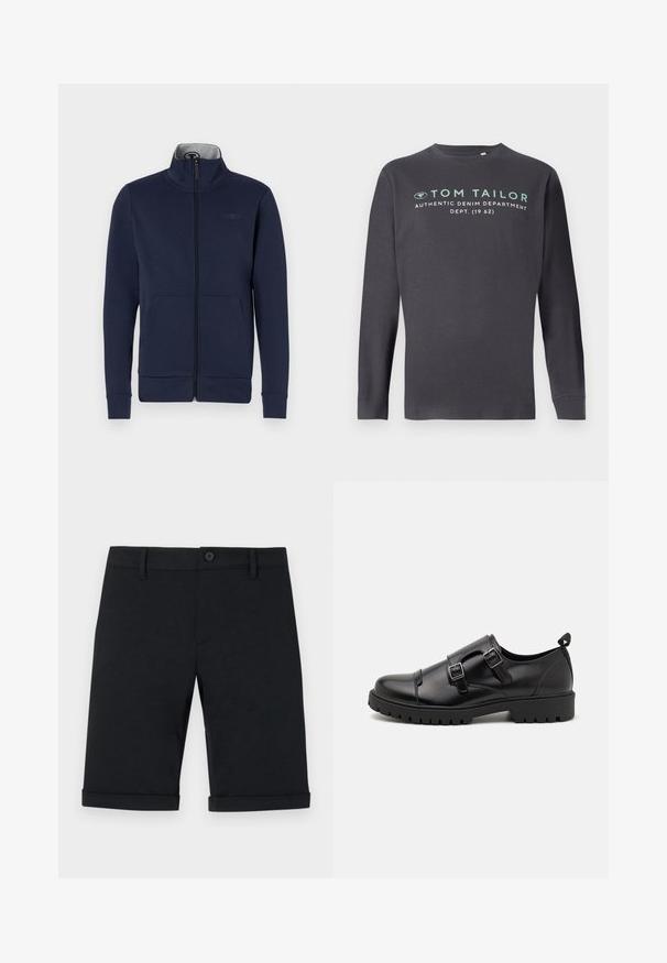 Marineblauwe ritsjack van zacht materiaal, met een staande kraag, twee voorzakken en geribde boorden en zoom. Subtiele logo-details op de borst.; TOM TAILOR PRINTED - Longsleeve - tarmac grey; Zwarte katoenen shorts met knoopsluiting, een getailleerd ontwerp en opgerolde zoom. Voorzien van voorzakken en een gladde textuur.; Pier One by Zalando Zakelijke loafers - black