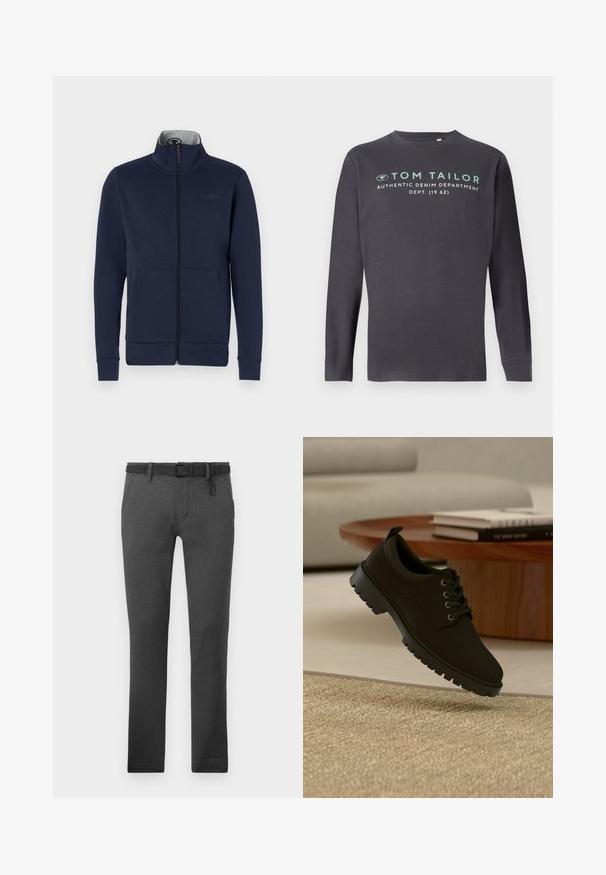 Marineblå zip-jakke i blødt stof med ståkrave, to frontlommer og ribbet mansjetter og nederkant. Diskret logo-detalje på brystet.; TOM TAILOR PRINTED - Langærmet T-shirt - tarmac grey; Mørkegrå bukser lavet af tekstureret stof, med et sort bælte, bælteløkker og to sidelommer. Lige ben design, ingen synlige mønstre.; sort læder snørestøvle med chunky sål svæver over en beige tæppe i en minimalistisk stueindretning