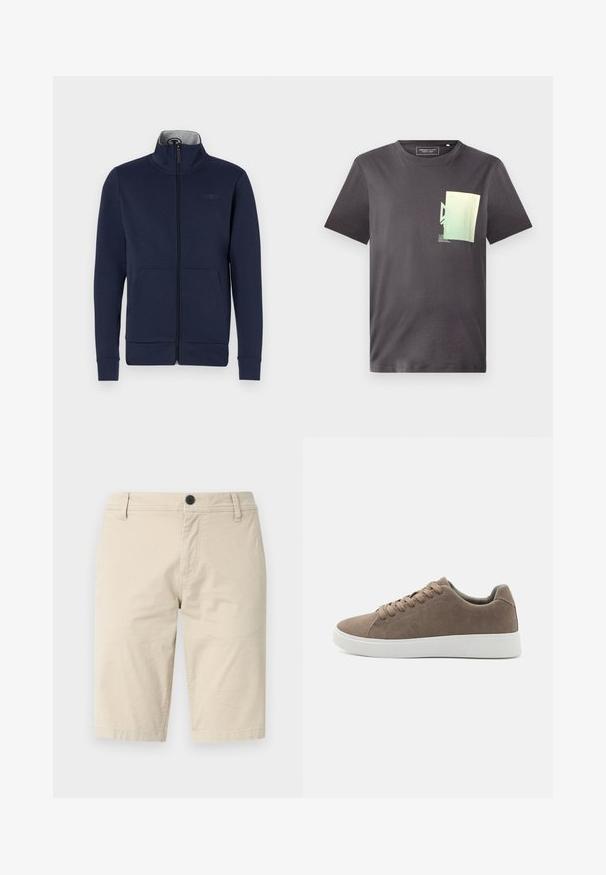 Marineblå zip-jakke i blødt stof med ståkrave, to frontlommer og ribbet mansjetter og nederkant. Diskret logo-detalje på brystet.; Grå bomulds T-shirt med rund hals, med et minimalistisk grønt og blåt grafisk print på venstre brystområde. Korte ærmer.; Beige shorts lavet af let væv, med en flad front, en enkelt knaplukning og to sidelommer; glat tekstur.; Brune ruskinds sneakers med flade hvide gummisåler, snørelukning, rund tå og en glat overflade. Minimalistisk stil med diskrete syninger.