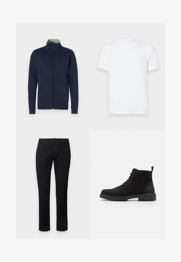 Marineblå zip-jakke i blødt stof med ståkrave, to frontlommer og ribbet mansjetter og nederkant. Diskret logo-detalje på brystet.; Hvid bomulds t-shirt med rund halsudskæring og korte ærmer. Har et lille, præget logo på venstre bryst. Glat tekstur.; TOM TAILOR TTJOSH REGULAR SLIM FIT - Jeans Tapered Fit - black denim; Sorte ruskind ankelstøvler med rund tå, snørelukning, gummisål med mønster og en løkke på hælen for nem påføring.
