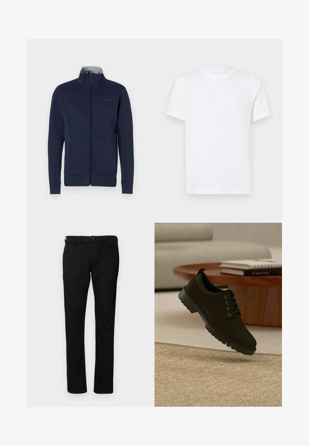 Marineblå zip-jakke i blødt stof med ståkrave, to frontlommer og ribbet mansjetter og nederkant. Diskret logo-detalje på brystet.; Hvid bomulds t-shirt med rund halsudskæring og korte ærmer. Har et lille, præget logo på venstre bryst. Glat tekstur.; Sorte denim jeans med en slim fit, der har forlommer, bæltestropper og en knaplukning. Glat tekstur med en ensfarvet overflade.; sort læder snørestøvle med chunky sål svæver over en beige tæppe i en minimalistisk stueindretning