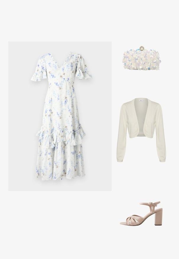 Gilet court de couleur crème avec des manches longues, design ouvert à l'avant et accents côtelés aux poignets et à l'ourlet. Texture en tricot douce.; Robe midi fleurie en bleu clair et blanc avec des manches bouffantes, un col en V et un ourlet à volants, ornée de accents et motifs en marron foncé éparpillés.; Sandale à bout ouvert en cuir verni beige avec des lanières croisées à l'avant, une bride à la cheville avec boucle, et un talon haut épais.; Pochette blanche recouverte d'appliques florales irisées et d'accents en perles, avec une fermeture à fermoir perle sur le dessus.