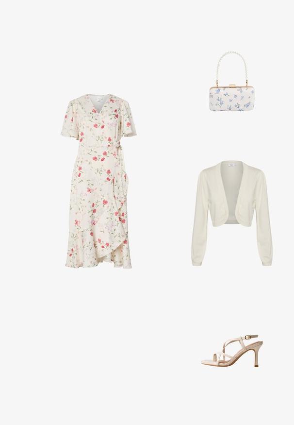 Gilet court de couleur crème avec des manches longues, design ouvert à l'avant et accents côtelés aux poignets et à l'ourlet. Texture en tricot douce.; Robe portefeuille crème avec imprimé floral rose et rouge, manches courtes évasées, encolure en V et ourlet à volants.; Sandale à talon haut beige avec des fines brides croisées et une bride de cheville ajustable avec une boucle dorée.; Pochette rectangulaire blanche avec motif floral bleu et anse perlée, avec garniture dorée et fermeture à clip.