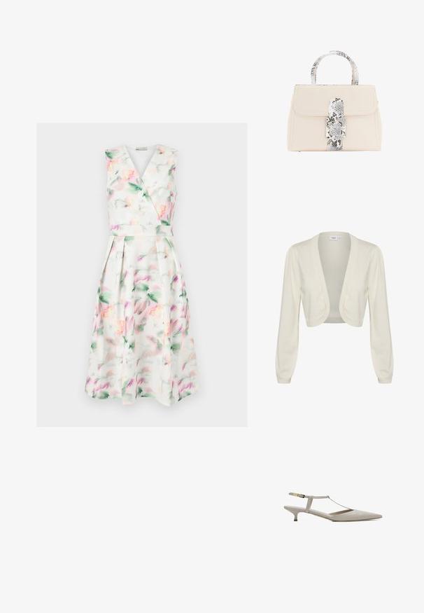 Cremefarvet cropped cardigan med lange ærmer, åben frontdesign og ribbede detaljer ved ærmekanterne og kanten. Blød strikket tekstur.; Ærmeløs hvid midi-kjole med pastel akvarelblomstret print, V-hals omslagsbodice, tætsiddende talje og plisseret nederdel.; Beige læder slingback-sko med spids tå, tynd ankelrem, guldbeslag og lav kittenhæl.; Beige håndtaske med en tekstureret slange-mønsteret rem og spænde. Har en rektangulær form og dobbelte runde håndtag. Glat overflade.