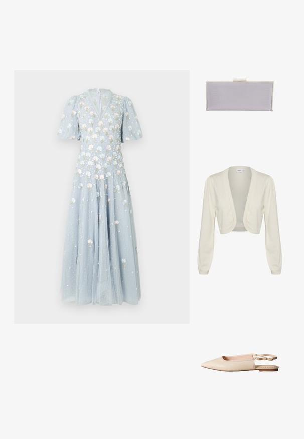 Cremefarvet cropped cardigan med lange ærmer, åben frontdesign og ribbede detaljer ved ærmekanterne og kanten. Blød strikket tekstur.; Lyseblå maxikjole lavet af tyl, med blomsterbroderi i pastelfarver, ballonærmer og en V-udskæring med lynlås bagpå.; Next REGULAR FIT - FOREVER COMFORT POINT TOE BOW - Slingback-ballerinasko - ivory; Rektangulær lavendel clutch lavet af tekstureret materiale med glatte kanter. Har en sølv spænde lukning på toppen.