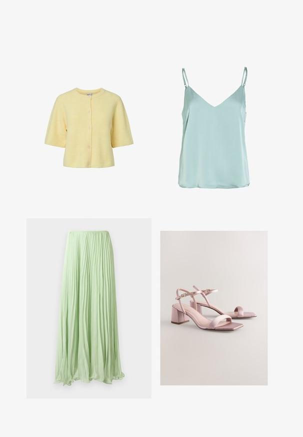 Cardigan jaune à manches courtes avec texture côtelée, encolure ronde et fermeture à boutons sur le devant. Tissu doux avec une coupe décontractée.; Camisole bleu clair sans manches avec fines bretelles réglables et décolleté en V, en tissu lisse et fluide.; Jupe longue plissée vert clair avec un tissu fluide et une taille élastique, présentée sur un fond blanc.; Sandales à talons blocs en satin rose doux avec bouts carrés, dotées de fines lanières autour de la cheville et de semelles intérieures lisses et texturées.