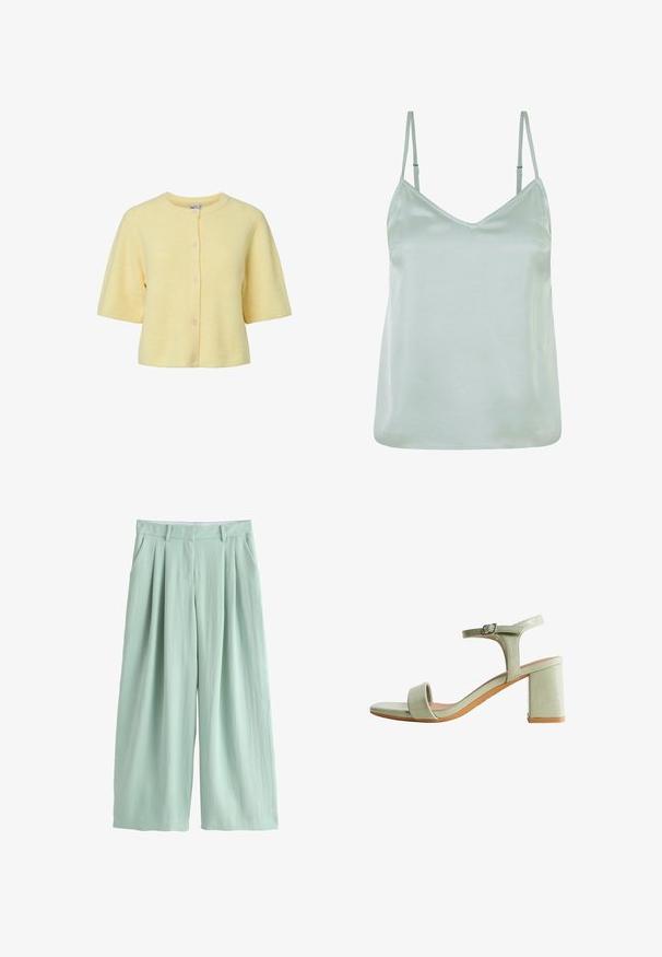 Cardigan jaune à manches courtes avec texture côtelée, encolure ronde et fermeture à boutons sur le devant. Tissu doux avec une coupe décontractée.; Camisole en satin vert clair avec des bretelles fines ajustables et un décolleté en V, présentant une texture lisse et une coupe décontractée.; Pantalon large vert clair à taille haute, plis devant, passants pour ceinture et poches latérales, présenté sur fond blanc.; Sandale vert clair à bout ouvert avec talon épais, bride à la cheville et fermeture à boucle, vue de profil sur fond blanc.