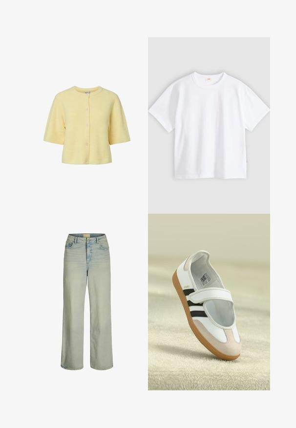 Cardigan jaune à manches courtes avec texture côtelée, encolure ronde et fermeture à boutons sur le devant. Tissu doux avec une coupe décontractée.; T-shirt en coton blanc à manches courtes, col rond, coupe décontractée, texture lisse, avec une petite étiquette logo sur la couture latérale gauche.; Jean large bleu clair en denim, avec taille haute, poches avant et fermeture à bouton et zip. Texture lisse avec un léger dégradé.; Chaussure blanche avec un embout en daim rose, des rayures noires et une sangle Velcro. Dispose d'une semelle en caoutchouc brun et d'un logo sur le côté.