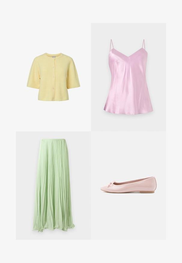 Kortærmet gul cardigan med ribbet struktur, rund halsudskæring og knapper foran. Blødt stof med løs pasform.; Lyserød satin camisole med tynde, justerbare spaghetti-stropper og en let V-udskæring, vist mod en ensartet hvid baggrund.; Lys grøn plisseret lang skirt lavet af let stof med elastisk talje, præsenteret mod en hvid baggrund.; Rosa lakballetsko med spids tå og en dekorativ sløjfe foran. Har en flad sål og sømløst design.