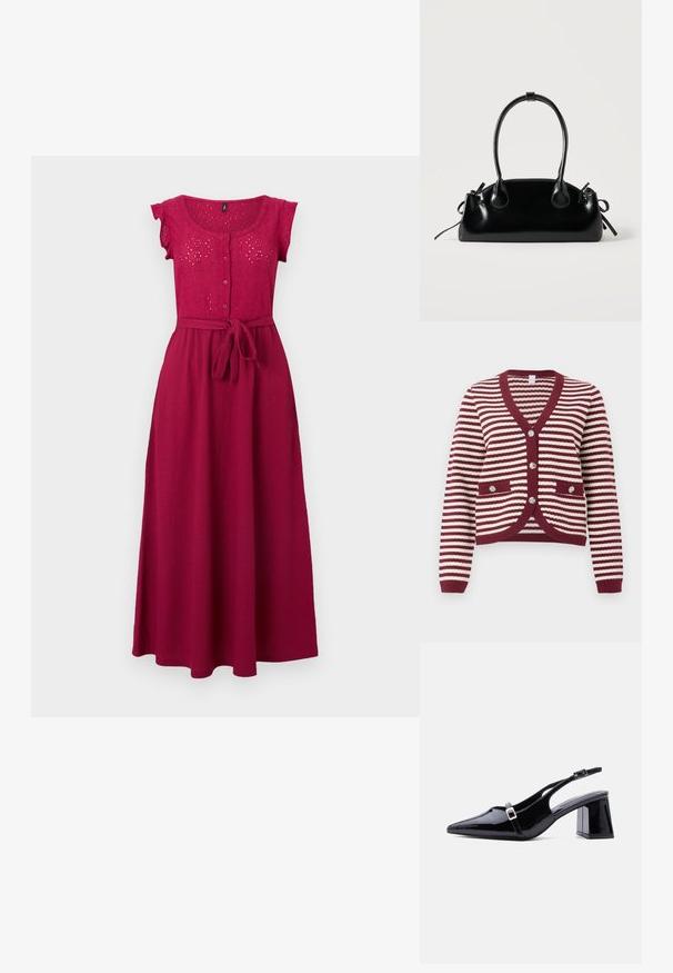 Burgunder- und weiß gestreifter Cardigan mit langen Ärmeln, V-Ausschnitt, gerippten Kanten, vorderen Taschen und vier dekorativen Knöpfen.; Fuchsia ärmelloses Midikleid mit Spitzenoberteil aus Lochstickerei, vorderen Knöpfen und gebundenem Stoffgürtel in der Taille, vor hellem Hintergrund.; Schwarzer Slingback-Absatz aus Lackleder mit spitzer Zehenpartie, niedrigem Blockabsatz und zwei kleinen silbernen Schnallen an den Riemen.; Kleine schwarze glänzende Handtasche mit zwei langen Griffen und seitlichen Kordelzug-Details vor einfachem hellem Hintergrund.
