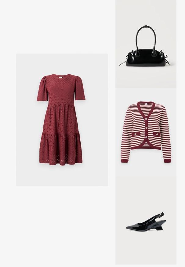 Burgunder- und weiß gestreifter Cardigan mit langen Ärmeln, V-Ausschnitt, gerippten Kanten, vorderen Taschen und vier dekorativen Knöpfen.; Kurzärmeliges burgunderfarbenes Kleid mit Chevron-Ösenmuster, gepufften Schultern, geraffter Taille und gestuftem Rock auf einfarbigem Hintergrund.; Schwarzer Slingback-Schuh aus Lackleder mit spitzer Spitze und niedrigem, schrägem Blockabsatz auf einfachem hellem Hintergrund.; Kleine schwarze glänzende Handtasche mit zwei langen Griffen und seitlichen Kordelzug-Details vor einfachem hellem Hintergrund.