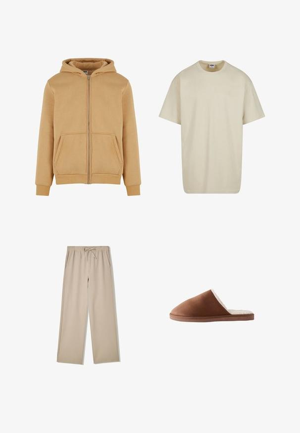 Beige Zip-Hoodie aus weichem Material, mit einem Frontreißverschluss, zwei seitlichen Taschen, gerippten Manschetten und einer gefütterten Kapuze.; Hellbeiges Baumwoll-T-Shirt mit kurzen Ärmeln, Rundhalsausschnitt und legerer Passform. Der Stoff wirkt glatt ohne sichtbare Muster oder Akzente.; Beige Hosen mit weitem Bein, elastischem Bund und Kordelzug, mit seitlichen Taschen, flach auf weißem Hintergrund ausgelegt.; Braune Wildleder-Hausschuhe mit einer weichen weißen Fütterung, ausgestattet mit einem geschlossenen Zehendesign und einer flachen, strukturierten Sohle.