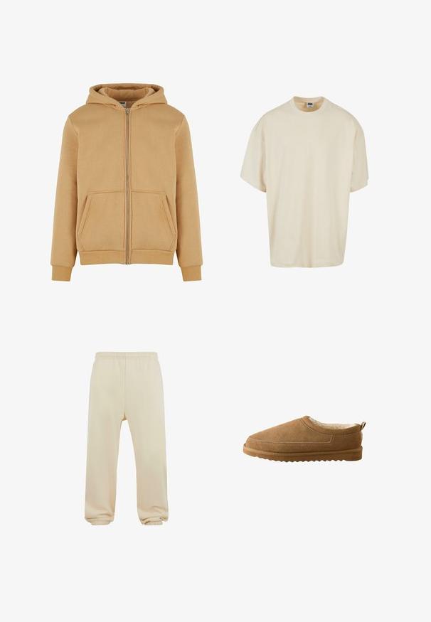 Beige Zip-Hoodie aus weichem Material, mit einem Frontreißverschluss, zwei seitlichen Taschen, gerippten Manschetten und einer gefütterten Kapuze.; Cremefarbenes Kurzarm-T-Shirt mit lockerer Passform und rundem Halsausschnitt; aus weichem Baumwollstoff gefertigt und mit dezenten Nähdetails versehen.; Beige Jogginghose mit elastischem Bund, Bündchen am Saum und glatter Textur. Einfaches, gerades Design ohne Muster oder Verzierungen.; Hellbraune Wildleder-Hausschuhe zum Hineinschlüpfen mit weichem cremefarbenem Innenfutter und strukturiertem Gummisohle, von der Seite auf einem weißen Hintergrund betrachtet.