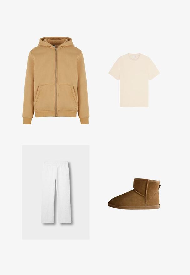 Tan zip-up hoodie lavet af blødt materiale, med en frontlynlås, to sidelommer, ribbet manchetter og en foret hætte.; T-shirt i bomuld i en lys beige farve, med rund hals og korte ærmer, enkel og minimalistisk design uden synlige mønstre.; Lys grå joggingbukser lavet af blødt stof, med elastisk talje, lige ben og diskret logo detalje på siden.; Brun ruskinds ankelboot med en rund tå, syet detaljer og en lille hæl. Har en blød tekstur og en løftestrop bagpå.