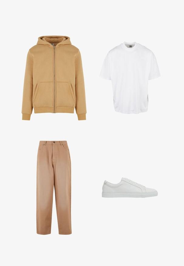 Beige zip-up hoodie gemaakt van zacht materiaal, met een frontrits, twee zijzakken, ribbelboorden en een gevoerde capuchon.; Witte katoenen t-shirt met een relaxte pasvorm, korte mouwen en een ronde halslijn, met een rechte zoom en geen zichtbare grafische afbeeldingen of patronen.; Beige broek met wijde pijpen, gemaakt van zachte katoenstof. Kenmerkt zich door een sluiting met een knoop en ritssluiting aan de voorkant, vijf zakken en riemlussen.; Reiss REGULAR FIT - LUCA TUMBLED - Sneakers laag - white