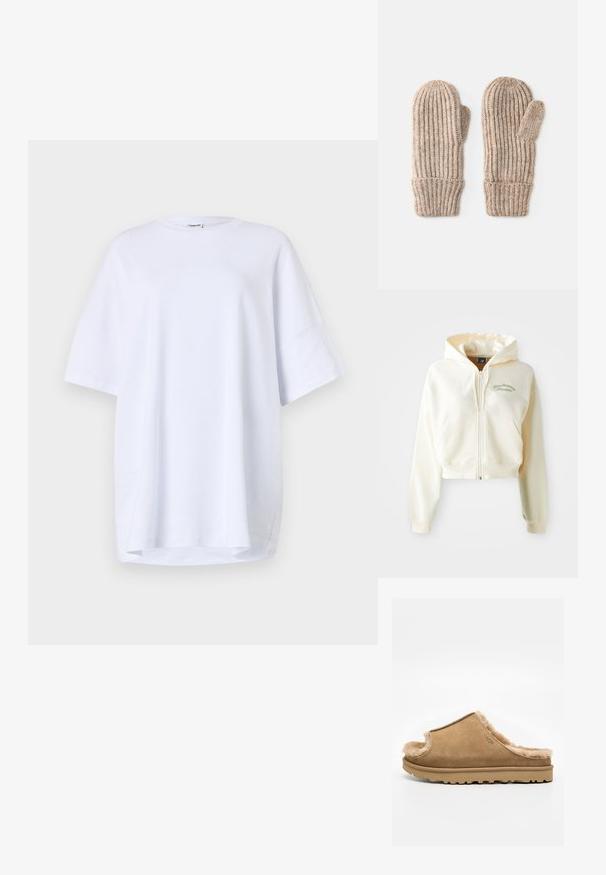 Ingekorte, rits-hoodie van crème stof met een zachte textuur. Beschikt over een capuchon, voorzakken en subtiele groene borduring met de tekst "New Balance Athletics."; Korte mouwen, oversized wit T-shirt van katoen. Ronde halslijn, zijsplitsen aan de zoom en een gladde textuur zonder zichtbare patronen of accenten.; Beige suède instappantoffel met zachte fleece voering en rubberen zool, met een UGG-logo aan de zijkant, op een effen witte achtergrond.; Gebreide wanten in een gespetterde beige kleur, met een geribbelde textuur en een omgeslagen ontwerp, met een duim op één van de wanten.