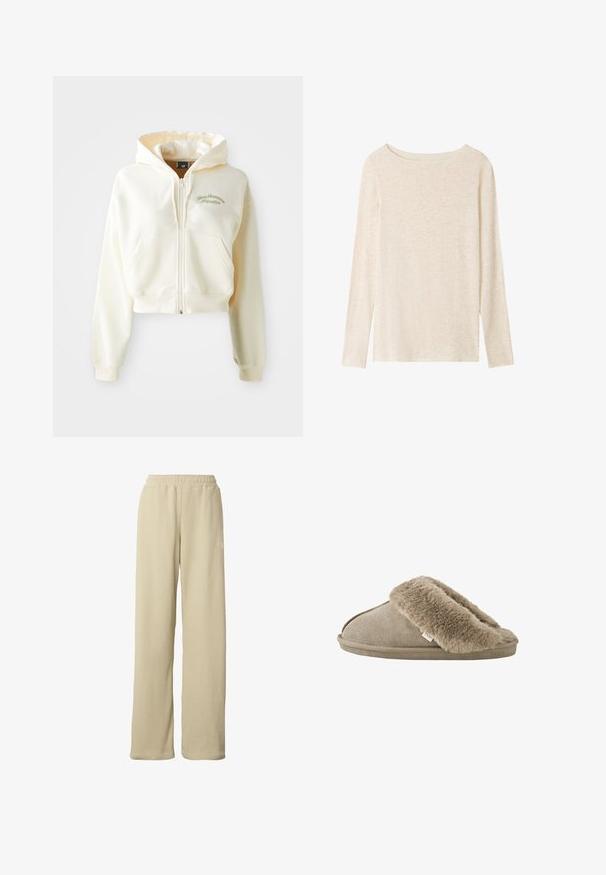 Ingekorte, rits-hoodie van crème stof met een zachte textuur. Beschikt over een capuchon, voorzakken en subtiele groene borduring met de tekst "New Balance Athletics."; Lichtbeige fijngebreide top met lange mouwen, boothals en een subtiele gemêleerde structuur.; Beige geribbelde wijde broek met elastische tailleband en subtiel klein wit logo op de bovenkant van de dij.; Beige instapslof met zachte, pluche bontvoering rond de opening en een suède-achtige buitenzool.