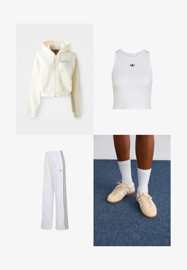 Ingekorte, rits-hoodie van crème stof met een zachte textuur. Beschikt over een capuchon, voorzakken en subtiele groene borduring met de tekst "New Balance Athletics."; Witte mouwloze crop top met ronde hals en klein zwart Adidas trefoil-logo, gecentreerd onder de kraag.; Witte trainingsbroek met beige drie strepen langs de zijden, elastische tailleband, zijritszak en klein Adidas-logo op de linker dij.; Persoon in beige Adidas sneakers met witte strepen en witte enkelsokken, staande op een blauwe tapijtvloer.