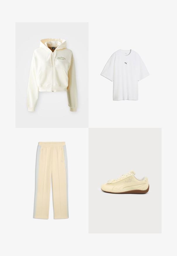 Cropet, lynlås hættejakke i cremefarvet stof med en blød tekstur. Har en hætte, frontlommer og diskret grøn broderi med teksten "New Balance Athletics."; Hvid oversized T-shirt med korte ærmer og en lille sort Puma-logo centreret på brystet.; Beige og lysegrå træningsbukser med lynlåslommer, elastisk linning, lige ben og et lille logo på øverste venstre lår.; Kremfarvet Puma sneaker med brun sål, klassisk sidestreg og snørelukning, vist fra ydersiden på en ensfarvet baggrund.