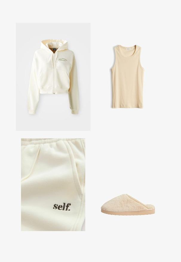 Ingekorte, rits-hoodie van crème stof met een zachte textuur. Beschikt over een capuchon, voorzakken en subtiele groene borduring met de tekst "New Balance Athletics."; Beige geribbeld mouwloos tanktopje met ronde hals, plat gelegd op een witte achtergrond.; Beige sweatpants met een ontspannen pasvorm, elastische tailleband, zakken en een klein zwart 'self.' logo aan de linkerzijde. Zachte textuur.; Beige bonten slippers met een afgeronde vorm, een gestructureerde bovenkant en een platte, lichtgekleurde rubberen zool. Heeft een verfijnde kantaccent langs de rand.