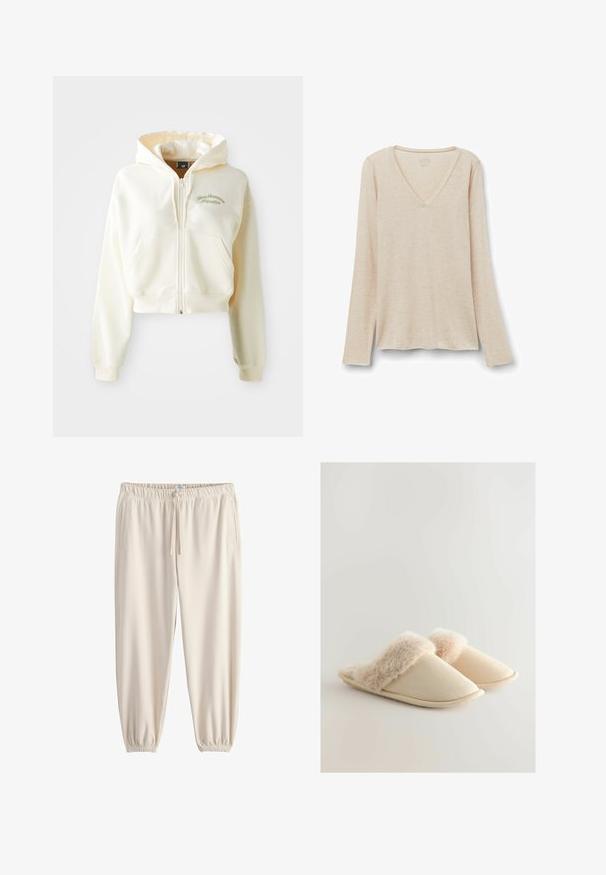 Ingekorte, rits-hoodie van crème stof met een zachte textuur. Beschikt over een capuchon, voorzakken en subtiele groene borduring met de tekst "New Balance Athletics."; Langarm V-hals top in lichtbeige stof met een zachte textuur. Relaxte pasvorm met een rechte zoom en een minimalistisch ontwerp.; Joggingbroek in roomkleur, gemaakt van zachte stof, met een elastische tailleband, trekkoord en taps toelopende boorden. Voorzien van steekzakken aan de zijkant.; Beige slippers met een zachte bontachtige bovenrand, een afgeronde teenvorm en een gestructureerde stof. De zool is plat en flexibel.