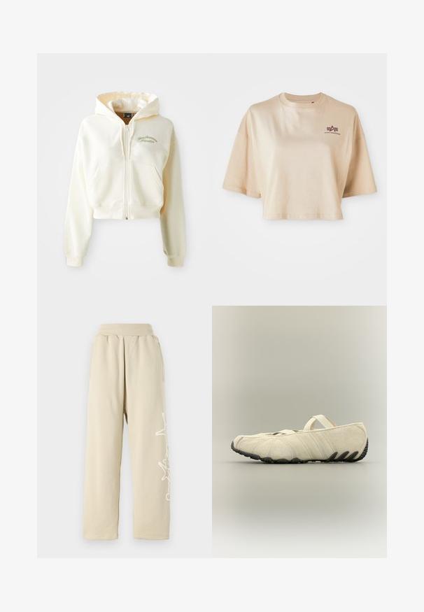 Cropet, lynlås hættejakke i cremefarvet stof med en blød tekstur. Har en hætte, frontlommer og diskret grøn broderi med teksten "New Balance Athletics."; Beige cropped t-shirt lavet af bomuld, med korte ærmer, en rund halsudskæring og et maroon logo grafik på venstre bryst.; Beige, afslappede sweatpants med elastisk talje, sidelommer og et hvidt grafisk detalje langs venstre ben. Blødt bomulds materiale.; Beige blødt stof slip-on sko med tynd elastisk rem og sort tekstureret sål, vist fra siden på en neutral baggrund.