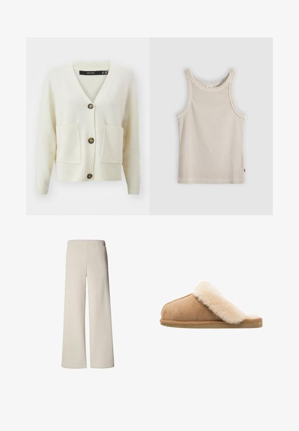 Cardigan crème Vero Moda avec un col en V, trois boutons, tissu texturé et deux poches avant avec un bord en côtes au niveau des poignets et de l'ourlet.; Débardeur beige côtelé sans manches avec encolure ronde et coupe ajustée, présenté sur un fond gris.; Pantalon beige à jambes larges avec taille élastique et devant épuré, présenté de face sur fond blanc.; Chausson en suède beige à enfiler avec une doublure en laine de mouton crème douce et moelleuse. Doté d'une semelle en caoutchouc texturé et plate pour une meilleure adhérence.