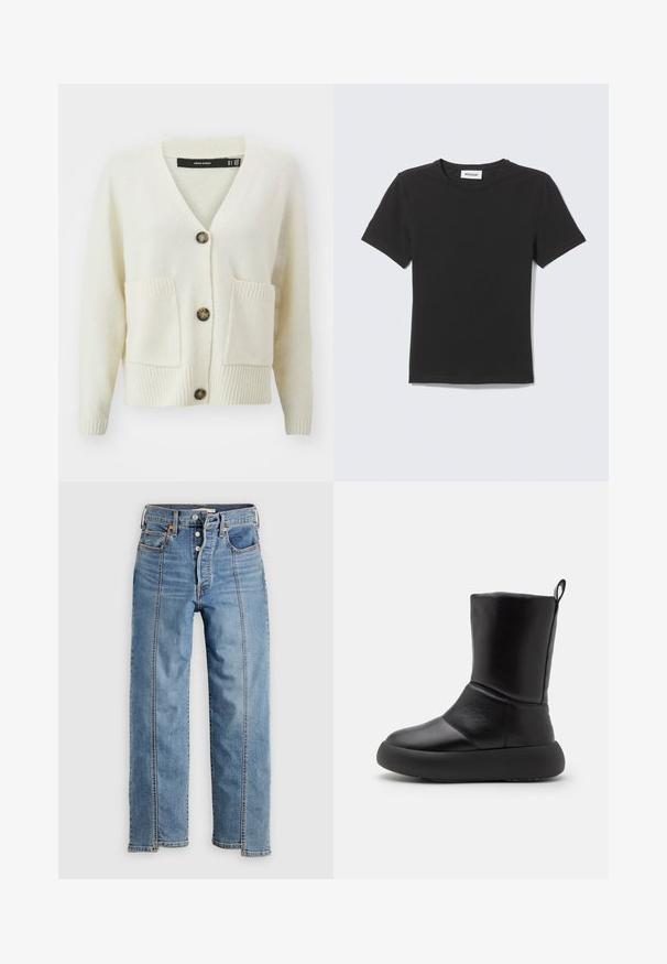 Cárdigan crema de Vero Moda con escote en V, tres botones, tejido texturizado y dos bolsillos frontales con ribetes en los puños y el dobladillo.; Camiseta negra de manga corta con cuello redondo, colocada plana con una pequeña etiqueta blanca dentro del cuello sobre un fondo claro.; Vaqueros de mezclilla azul claro con corte recto en la pierna, bragueta de botones, bolsillos delanteros, costuras visibles y paneles laterales en contraste.; Botas de cuero negras hasta el tobillo con punta redondeada, textura suave, suela gruesa y una lengüeta en la parte posterior para ponerlas y quitarlas fácilmente.