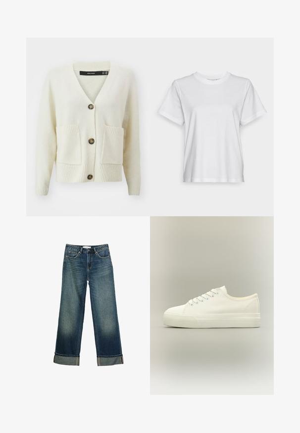 Cardigan en maille crème avec manches longues, col en V, trois boutons en écaille de tortue, deux poches avant et poignets et ourlet côtelés.; T-shirt en coton blanc à manches courtes, col rond et coupe décontractée. Texture lisse, sans motifs ni graphiques, design basique.; Jean en denim bleu foncé avec jambes larges, revers roulés, bouton à l'avant et design cinq poches.; Baskets basses blanches en toile avec lacets à l'avant et semelle épaisse en caoutchouc texturée sur fond neutre.