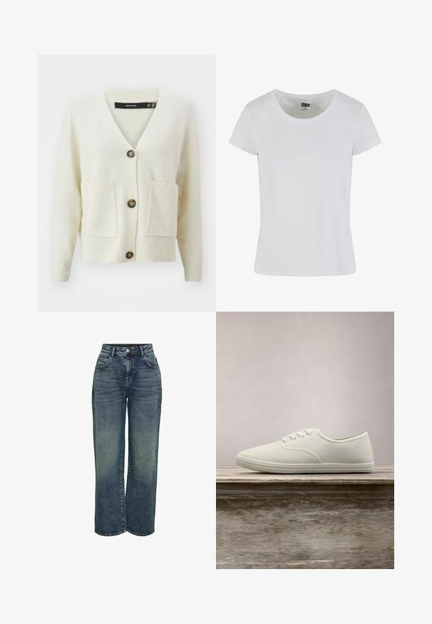 Vero Moda creme cardigan med V-udskæring, tre knapper, struktureret stof og to frontlommer med ribbet kant ved ærmer og kant.; Hvid, kortærmet t-shirt lavet af bomuld. Har en rund halsudskæring og en tætsiddende form. Lappen læser "URBAN CLASSICS."; Noisy May Loose-fit NMJOSIE - Jeans Straight Leg - medium blue denim; Hvide kanvas sneakers med rund tå, seks snørrehuller og tekstureret gummisål, hængende over en træoverflade med grønne græs i baggrunden.