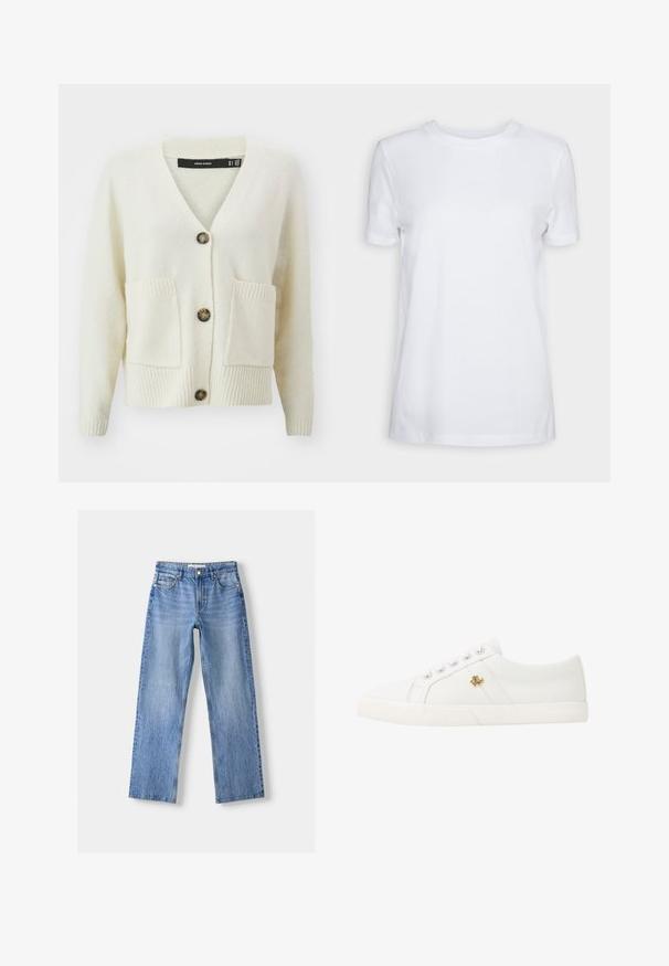Cardigan crème Vero Moda avec un col en V, trois boutons, tissu texturé et deux poches avant avec un bord en côtes au niveau des poignets et de l'ourlet.; T-shirt blanc uni à manches courtes, col rond, coupe régulière, avec une petite étiquette à l’intérieur du col indiquant "SELECTED FEMME."; Jean en denim bleu clair avec une coupe droite, comportant cinq poches, une fermeture à bouton sur le devant, et un léger délavage pour ajouter de la texture.; Lauren Ralph Lauren JANSON II CANVAS SNEAKER - Baskets basses - optic white