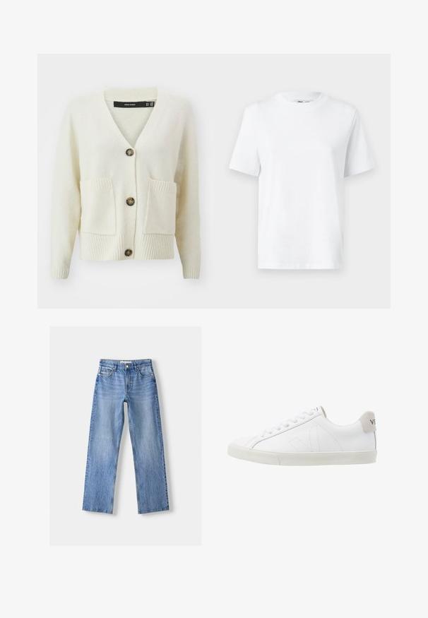 Cardigan crème Vero Moda avec un col en V, trois boutons, tissu texturé et deux poches avant avec un bord en côtes au niveau des poignets et de l'ourlet.; T-shirt en coton blanc à col rond, avec des manches courtes et une texture lisse. Conçu avec une coupe décontractée pour plus de confort et de polyvalence.; Jean en denim bleu clair avec une coupe droite, comportant cinq poches, une fermeture à bouton sur le devant, et un léger délavage pour ajouter de la texture.; Baskets en cuir blanc avec une semelle en caoutchouc texturée et blanc cassé. Les caractéristiques incluent des lacets, des coutures discrètes et un accent en daim gris au niveau du talon.