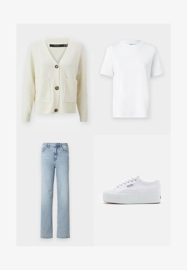 Vero Moda creme cardigan med V-udskæring, tre knapper, struktureret stof og to frontlommer med ribbet kant ved ærmer og kant.; Hvid bomulds T-shirt med rund hals, kortærmet og en glat tekstur. Designet med en afslappet pasform for komfort og alsidighed.; Lyseblå denimjeans med lige ben, klassisk fem-lomme design og knap- og lynlåslukning i taljen.; Hvide canvas sneakers med en tyk hvid platformssål, rund tå og metaløjelets til snørebånd. Mærkets logo præsenteret på siden.