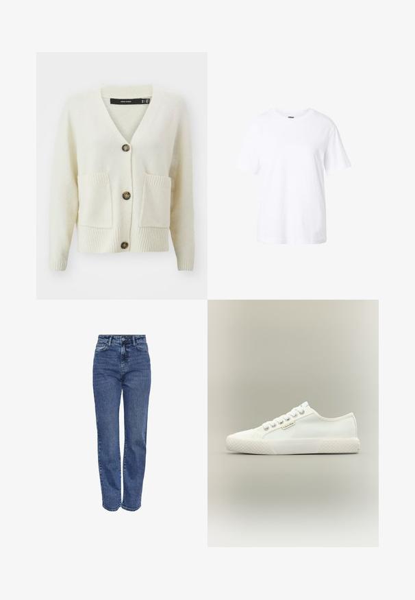 Cardigan en maille crème avec manches longues, col en V, trois boutons en écaille de tortue, deux poches avant et poignets et ourlet côtelés.; T-shirt blanc uni à manches courtes avec col rond, coupe décontractée et petite étiquette à l'intérieur du col.; Jean taille haute bleu en denim. Équipé de jambes droites, design à cinq poches et coutures contrastantes. Finition classique et décoloration modérée.; Baskets basses blanches en toile avec semelle en caoutchouc texturée, lacets blancs et petite étiquette Calvin Klein sur le côté.