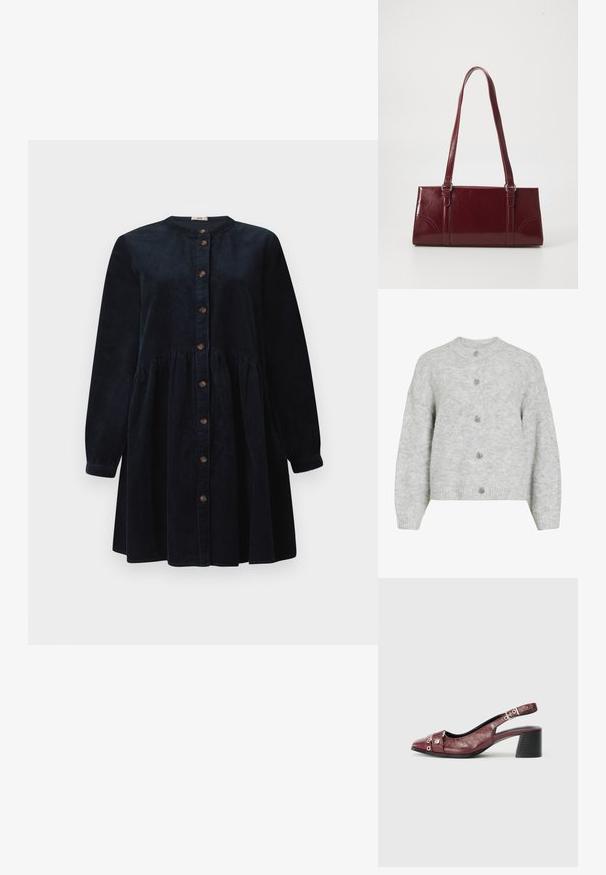 Gilet en maille gris avec un col rond, présentant un design court et cinq boutons décoratifs. Texture douce avec un motif subtil.; Robe en côtele bleu marine avec des manches longues, un col rond et un devant à boutons. Présente une taille froncée et un tissu texturé.; Chaussure slingback en cuir bordeaux avec un bout arrondi, un design incurvé, des accents en métal argenté et un talon bloc. Finition texturée.; Sac à main bordeaux en matériau brillant, de forme rectangulaire, avec deux anses et des accents légèrement courbés à l'avant.