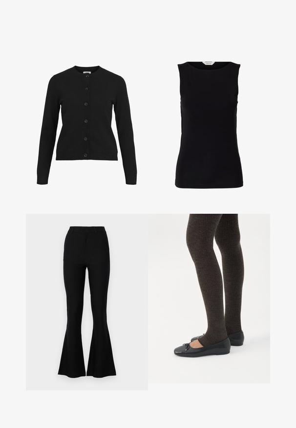 Cardigan noir avec un col rond, des manches longues et une fermeture à six boutons sur le devant. Fabriqué en tissu tricoté doux avec des détails côtelés au niveau des poignets et de l'ourlet.; Haut noir sans manches, cintré, avec encolure ronde et étiquette de marque blanche à l'intérieur du col.; Pantalons évasés noirs en tissu lisse, avec une taille ajustée, des jambes droites et un ourlet évasé. Aucun motif ou accent notable.; Jambes portant des leggings côtelés foncés associés à des ballerines noires avec de petits détails en nœud sur fond blanc.