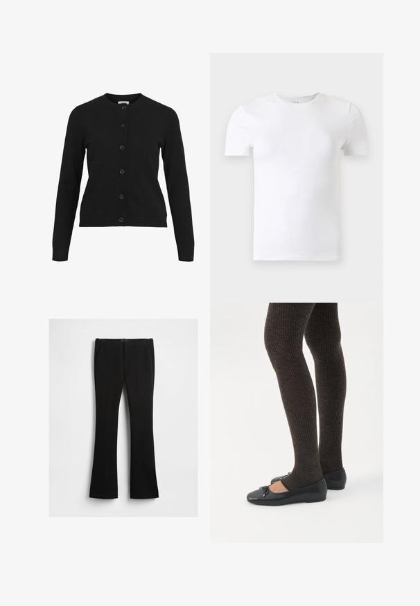 Cardigan noir avec un col rond, des manches longues et une fermeture à six boutons sur le devant. Fabriqué en tissu tricoté doux avec des détails côtelés au niveau des poignets et de l'ourlet.; T-shirt blanc uni à manches courtes et col rond présenté sur un fond gris clair.; Pantalon noir évasé en tissu lisse, avec une taille mi-haute, des poches latérales et une couture avant nette.; Jambes portant des leggings côtelés foncés associés à des ballerines noires avec de petits détails en nœud sur fond blanc.