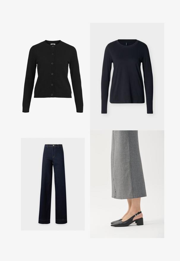 Cardigan noir avec un col rond, des manches longues et une fermeture à six boutons sur le devant. Fabriqué en tissu tricoté doux avec des détails côtelés au niveau des poignets et de l'ourlet.; Chemise noire à manches longues et col rond, étalée à plat sur un fond blanc, vue de face avec un design propre et simple.; Jean bleu foncé taille haute à jambes larges avec fermeture par bouton et fermeture éclair, poches avant et coutures visibles.; Chaussures slingback en cuir noir avec bout pointu, talon bloc et accent de talon rose contrastant. Texture lisse avec un design minimaliste.
