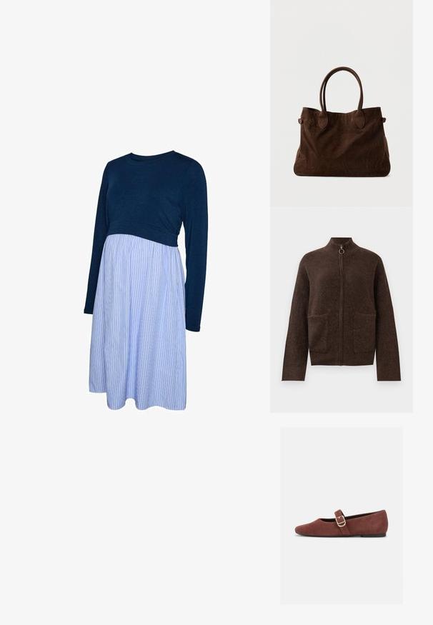 Mørkebrun, fuzzy zip-up cardigan med høj hals, to forlommer og lange ærmer på en hvid baggrund.; Langærmet graviditetskjole med navy top og lyseblåt og hvidt vertikalt striped nederdel, knælang, tætsiddende ved taljen.; Brun ruskind Mary Jane-flad sko med en guldspænde og sort sål på hvid baggrund.; Brun ruskinds tote taske med to lange håndtag, ovale detaljer og et rummeligt design. Blød tekstur og minimalistisk udseende.