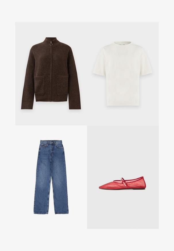 Donkerbruin fuzzy zip-up cardigan met hoge hals, twee voorzakken enlange mouwen tegen een witte achtergrond.; Effen gebroken witte T-shirt met korte mouwen en ronde hals, losvallende pasvorm, getoond tegen een lichte achtergrond.; Denim jeans met een hoge taille en brede pijpen, voorzien van een klassieke blauwe wassing, zichtbare stiksels en metalen hardware op de voorkant van de zak.; Rode netten balletschoenen met een spitse neus en een band over de wreef. Glanzende accenten verbeteren het ontwerp, met een platte zool.