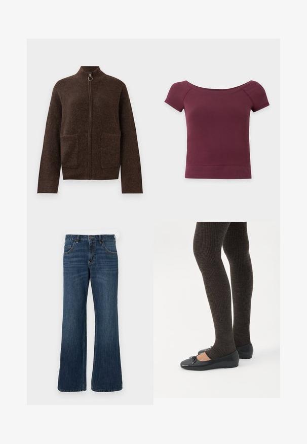 Mørkebrun, fuzzy zip-up cardigan med høj hals, to forlommer og lange ærmer på en hvid baggrund.; Kortærmet, off-shoulder cropped top i ensfarvet mørk bordeaux stof med ribkant og halsudskæring.; Mørkeblå jeans med vide ben og klassisk design med fem lommer, der har knaplukning og diskret falming. Fremstillet af denimstof.; Ben iført mørke ribbede leggings kombineret med sorte balletsko med små sløjfedetaljer på hvid baggrund.