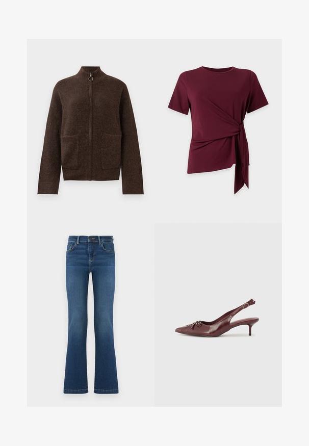 Mørkebrun, fuzzy zip-up cardigan med høj hals, to forlommer og lange ærmer på en hvid baggrund.; Vinrød kortærmet top med rund hals og sidestropdetalje, der skaber en rynket, asymmetrisk kant på en ensfarvet baggrund.; Blå denimjeans med let udvidede ben, fem lommer, knaplukning og bæltestropper, vist på en ensfarvet baggrund.; Bordeaux læder slingback hæl med spidse tå, justerbar rem og dekorativ sløjfedetalje foran. 7,5 cm hælhøjde.